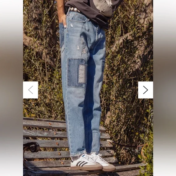 Urban Outfitters BDG Dad Slim Taper Fit Jean Medium Wash Patchwork Denim 33 - Picture 3 of 16